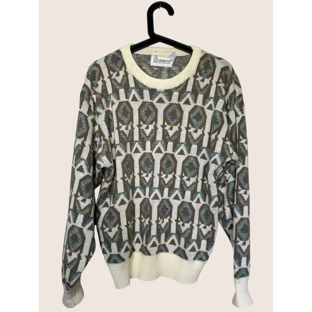 🦚 VTG LONDON FOG SWEATER GEOMETRIC CREAM TAN PEACOCK LONG SLEEVE CREW LARGE